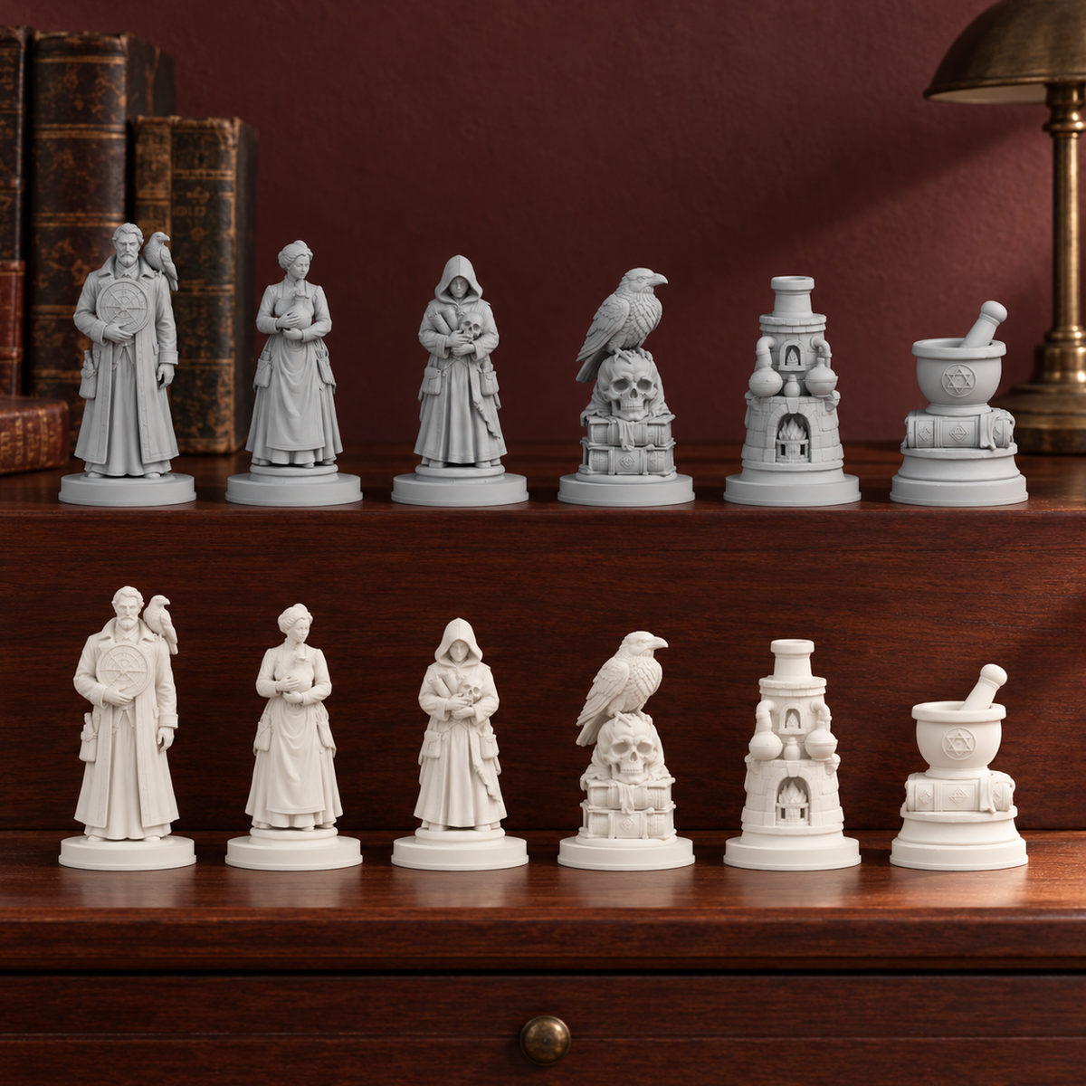 Dark Academia – Alchemie Schachfiguren – STL & 3MF Download – Ansicht 1