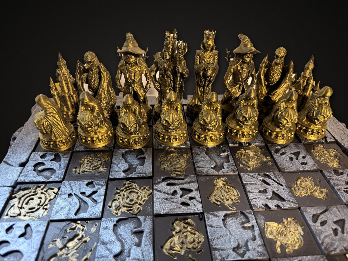 Halloween Schachspiel handbemalt – Gothic Schachbrett mit 32 Figuren – Hexen, Geister, Spukschloss – Horror Deko & Geschenk – Ansicht 2