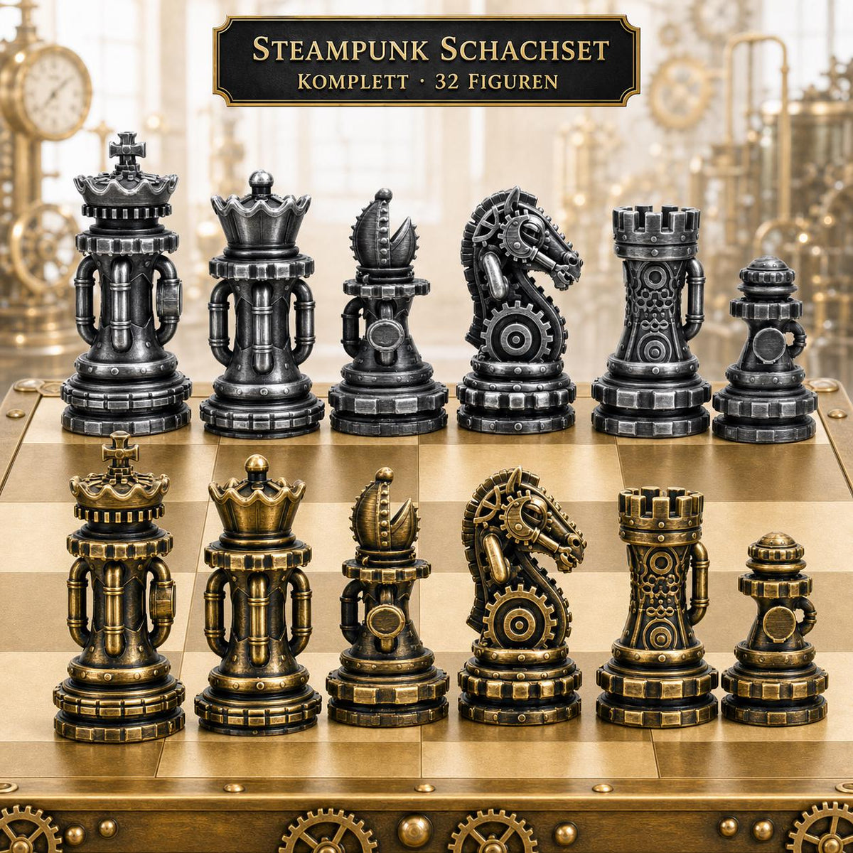 Steampunk-Staunton-Schachfigurenset – komplettes 32-teiliges Schachset – Ansicht 1