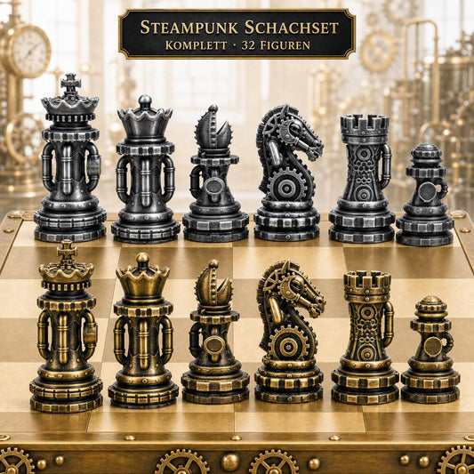 Steampunk-Staunton-Schachfigurenset – komplettes 32-teiliges Schachset – Ansicht 1