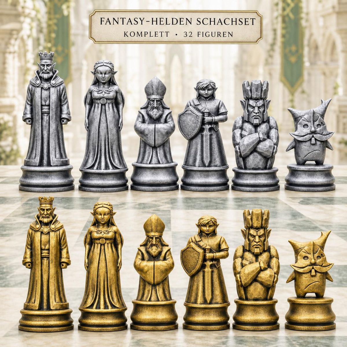 Fantasy-Helden-Schachfigurenset – komplettes 32-teiliges Schachset – Ansicht 1