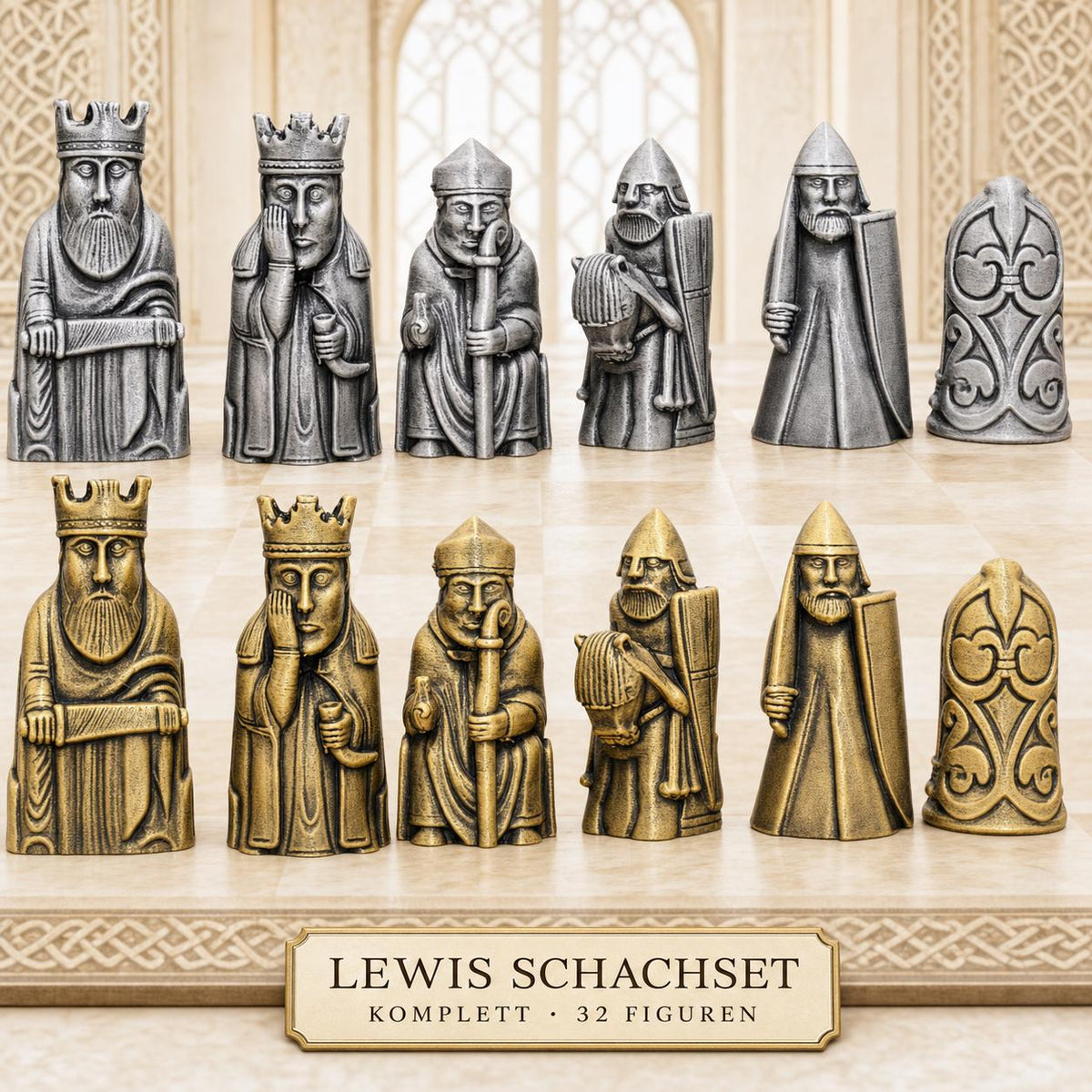 Lewis-inspiriertes Mittelalter-Schachfigurenset – komplettes 32-teiliges Schachset – Ansicht 1