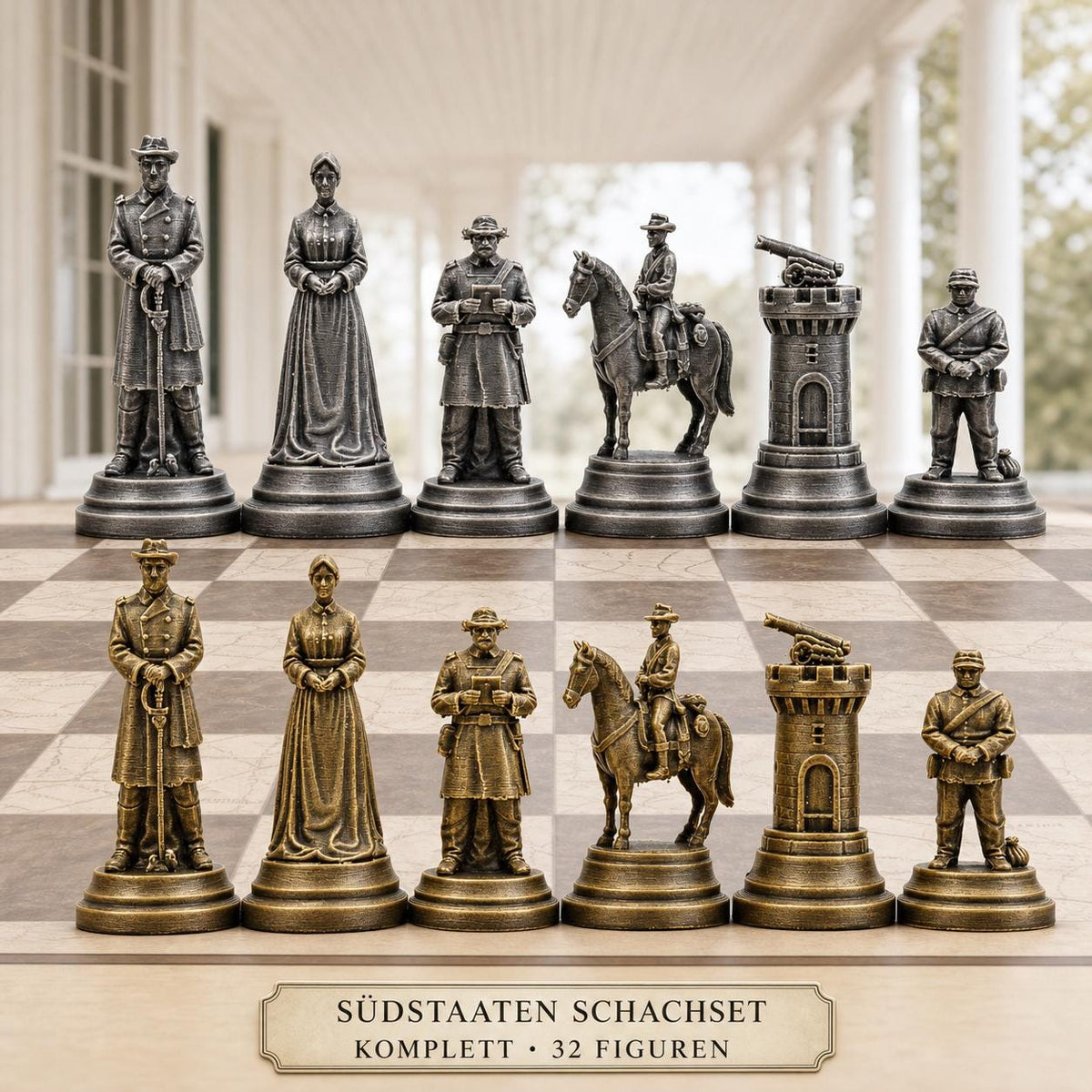 Südstaaten-Schachfigurenset – Amerikanischer Bürgerkrieg – komplettes 32-teiliges Schachset – Ansicht 1