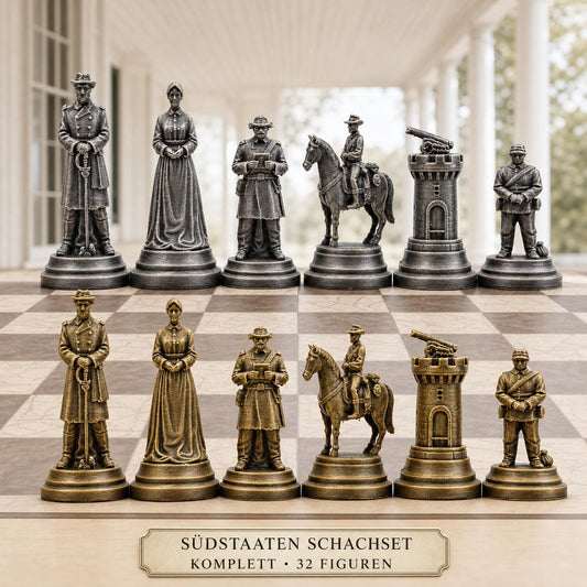 Südstaaten-Schachfigurenset – Amerikanischer Bürgerkrieg – komplettes 32-teiliges Schachset – Ansicht 1
