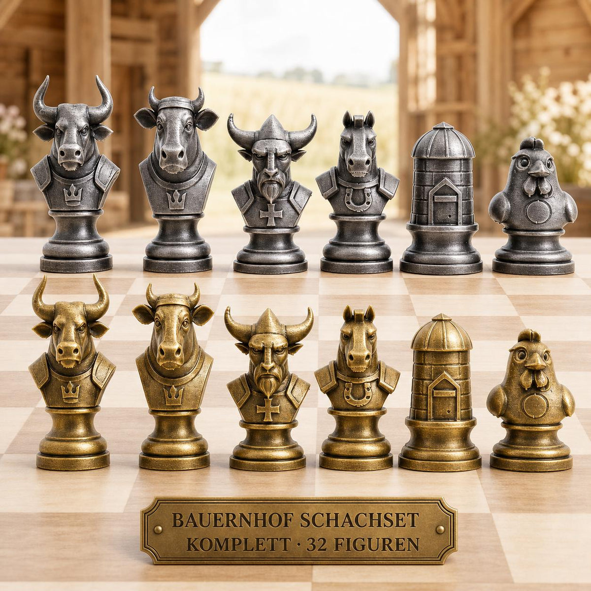 Bauernhoftiere-Schachfigurenset – komplettes 32-teiliges Schachset – Ansicht 1