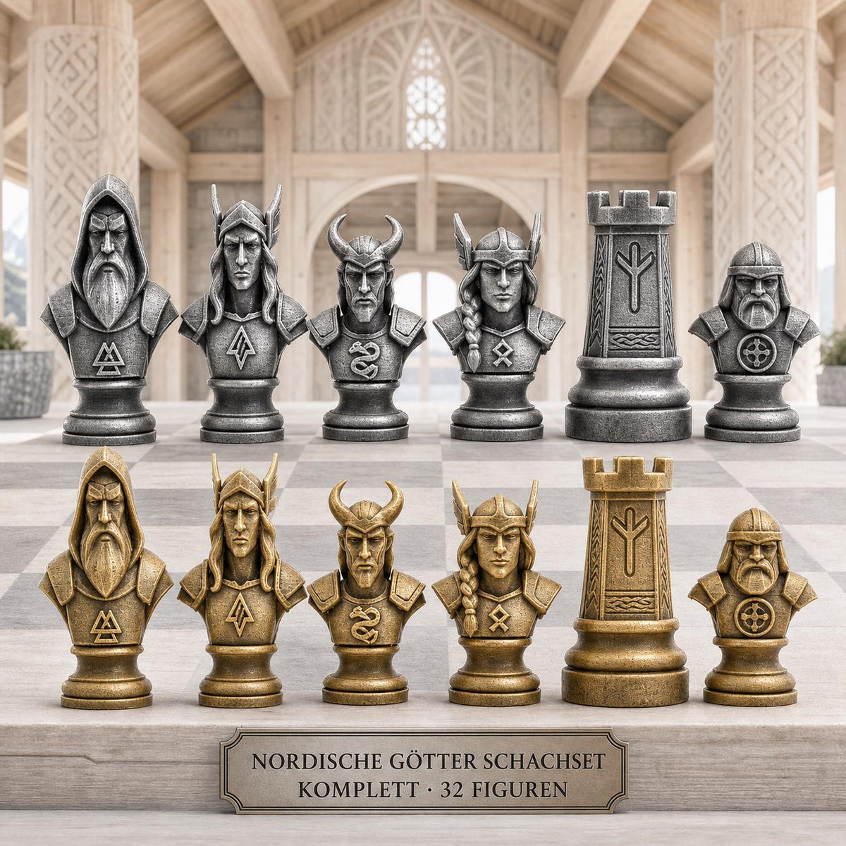 Nordische-Mythologie-Schachfigurenset – komplettes 32-teiliges Schachset – Ansicht 1