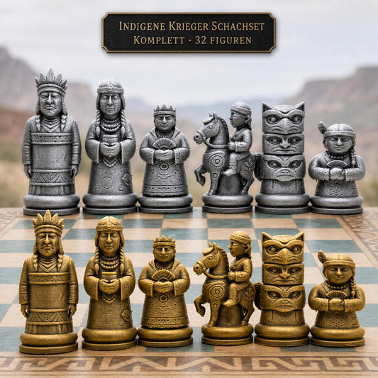 Indigene-Krieger-Schachfigurenset – komplettes 32-teiliges Schachset – Ansicht 1