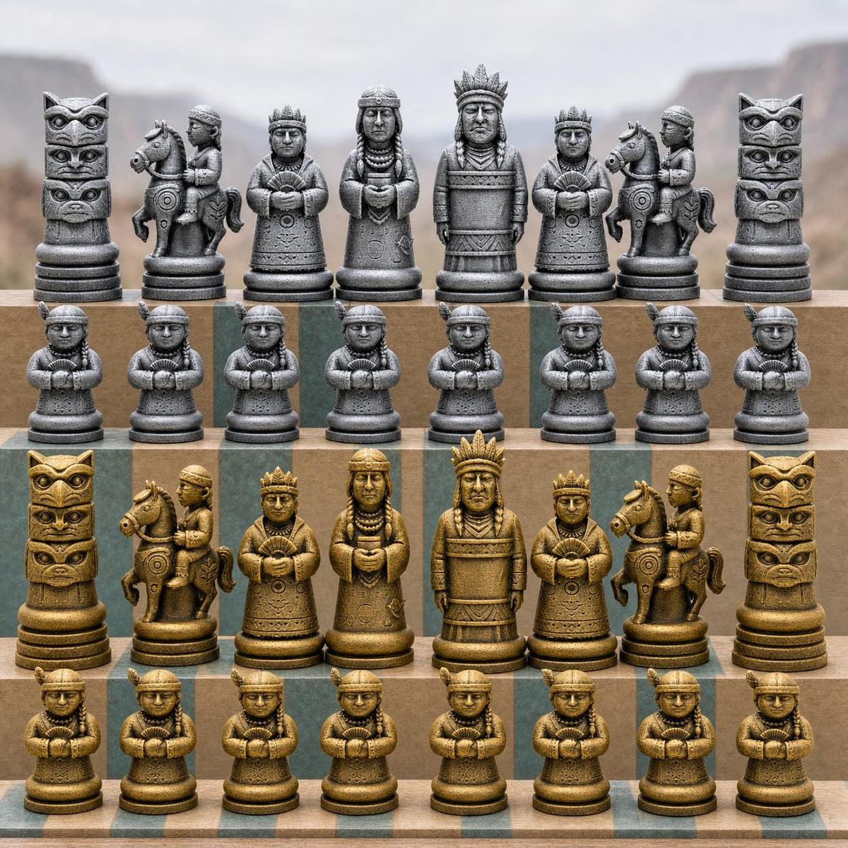 Indigene-Krieger-Schachfigurenset – komplettes 32-teiliges Schachset – Ansicht 2