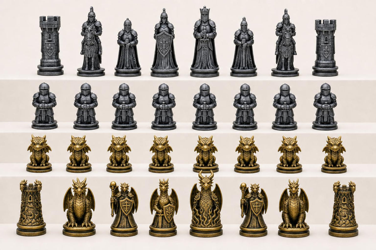 Ritter-gegen-Drachen-Schachfigurenset – komplettes 32-teiliges Schachset – Ansicht 2
