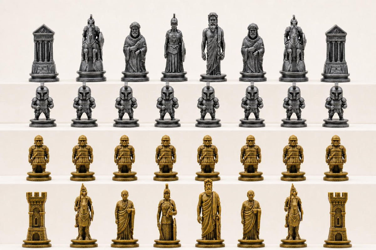 Antikes-Griechenland-gegen-antikes-Rom-Schachfigurenset – komplettes 32-teiliges Schachset – Ansicht 2