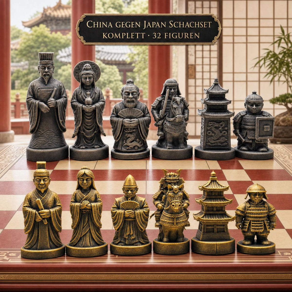 Historisches-China-gegen-historisches-Japan-Schachfigurenset – komplettes 32-teiliges Schachset – Ansicht 1