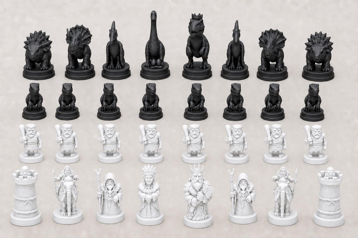 Dinosaurier-gegen-Steinzeitmenschen-Schachfigurenset – komplettes 32-teiliges Schachset – Ansicht 4