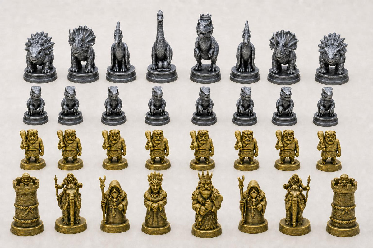 Dinosaurier-gegen-Steinzeitmenschen-Schachfigurenset – komplettes 32-teiliges Schachset – Ansicht 2