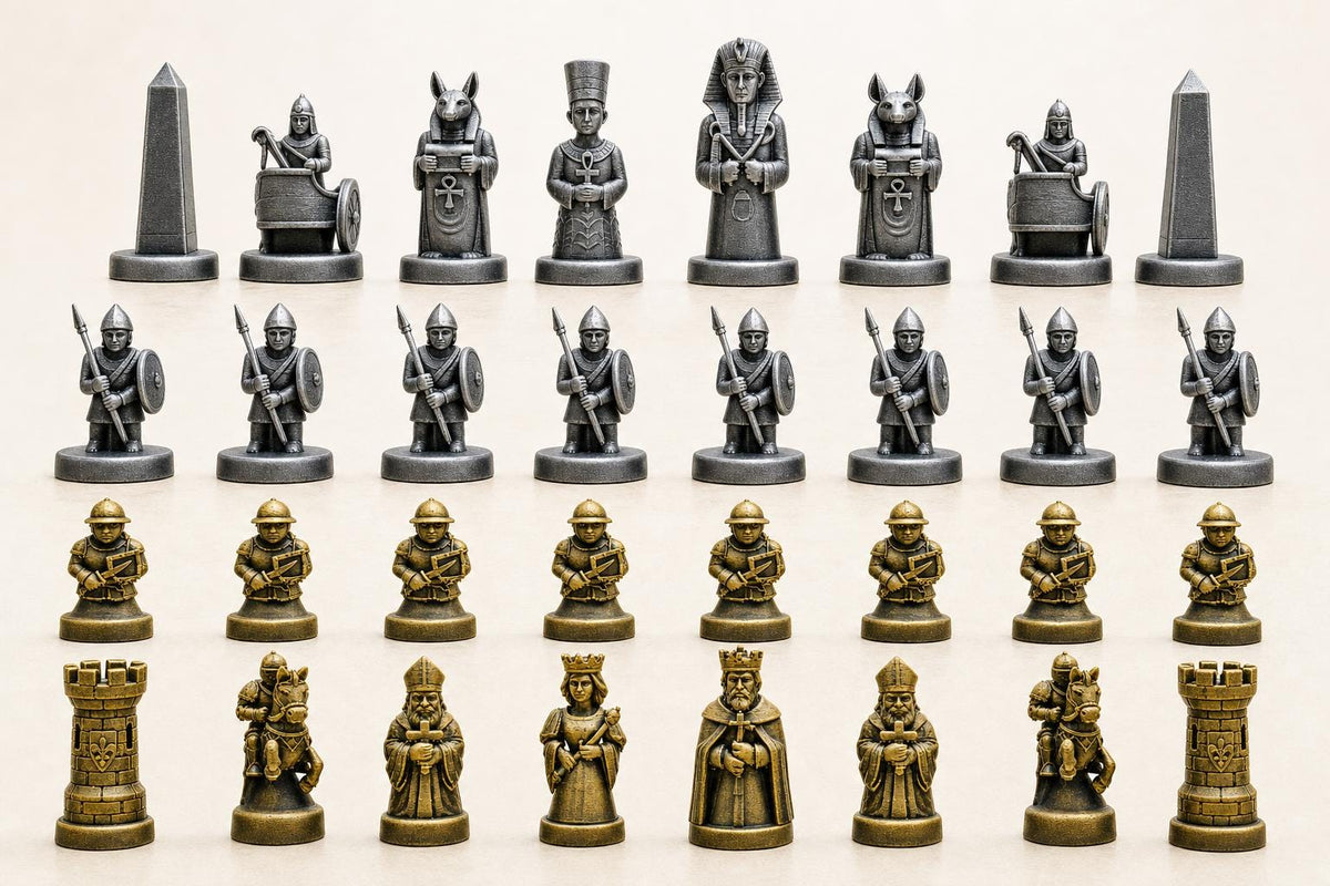 Altes-Ägypten-gegen-mittelalterliches-Europa-Schachfigurenset – komplettes 32-teiliges Schachset – Ansicht 2