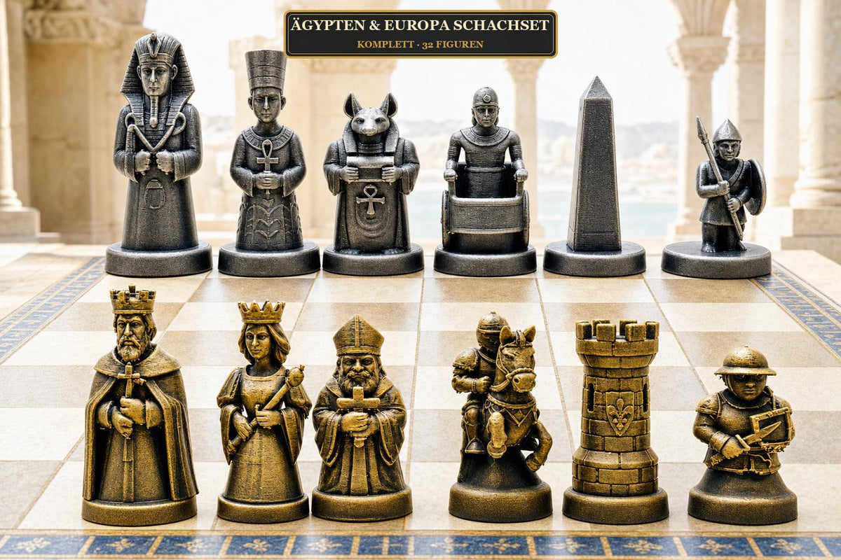 Altes-Ägypten-gegen-mittelalterliches-Europa-Schachfigurenset – komplettes 32-teiliges Schachset – Ansicht 1