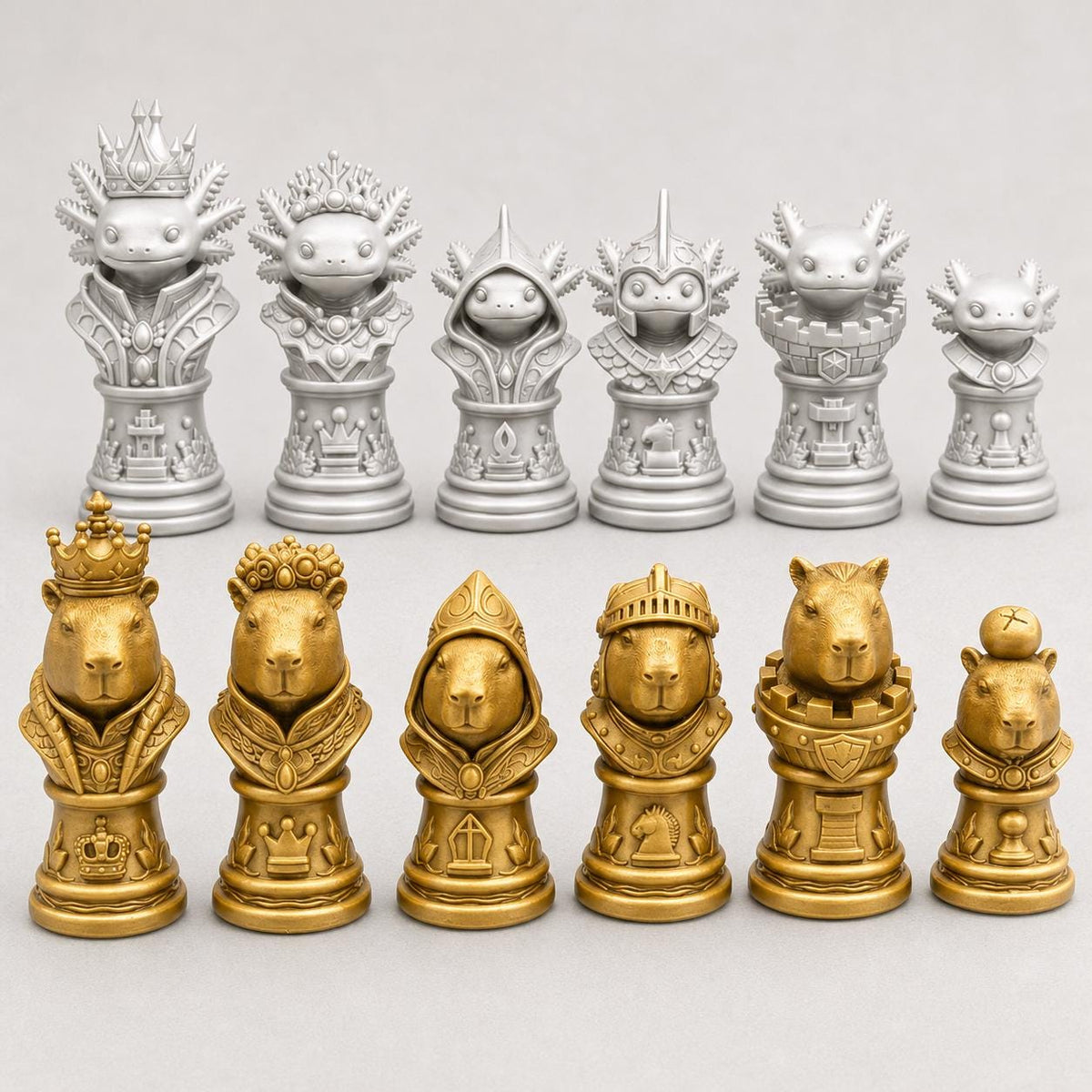 Capybara-gegen-Axolotl-Schachfigurenset – komplettes 32-teiliges Schachset – Ansicht 2