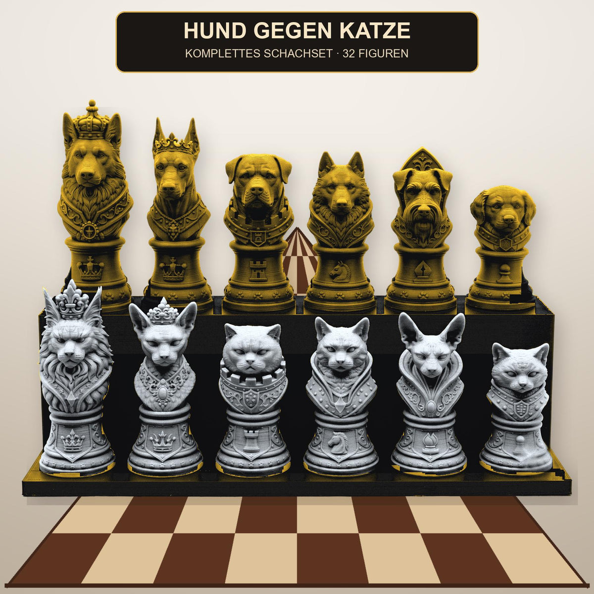Hund-gegen-Katze-Schachfigurenset – komplettes 32-teiliges Tier-Schachset – Ansicht 1