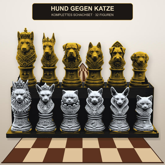 Hund-gegen-Katze-Schachfigurenset – komplettes 32-teiliges Tier-Schachset – Ansicht 1