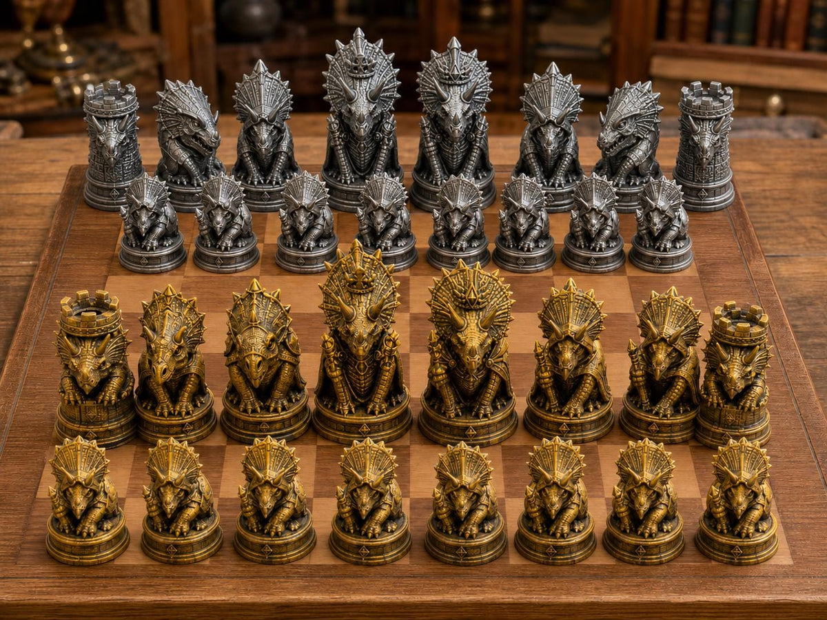 Triceratops-Königreich – komplettes 32-teiliges Schachfigurenset – Ansicht 1