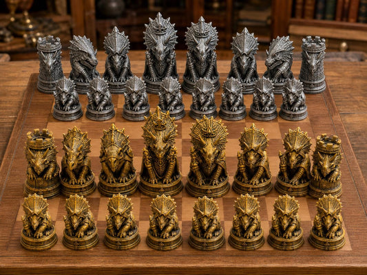 Triceratops-Königreich – komplettes 32-teiliges Schachfigurenset – Ansicht 1