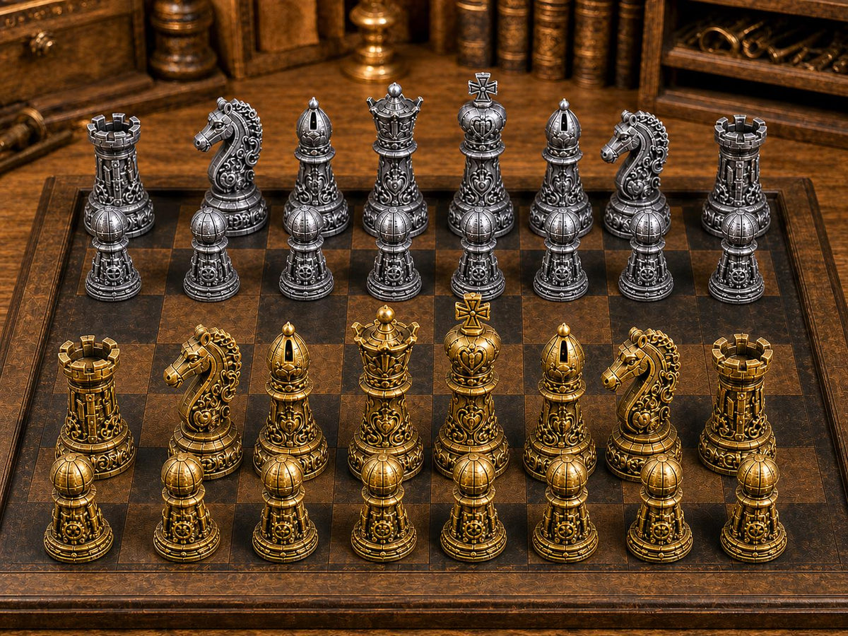 Industrie-Steampunk – komplettes 32-teiliges Schachfigurenset – Ansicht 1