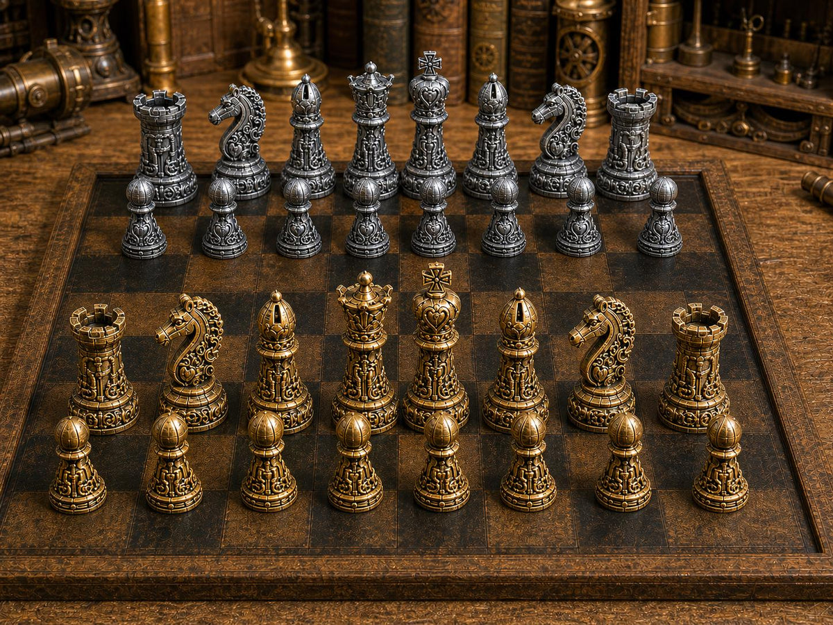 Opulenter Steampunk – komplettes 32-teiliges Schachfigurenset – Ansicht 1
