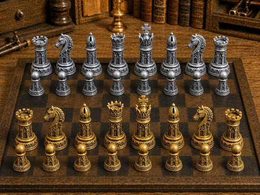 Gotische Figuren – komplettes 32-teiliges Schachfigurenset – Ansicht 1