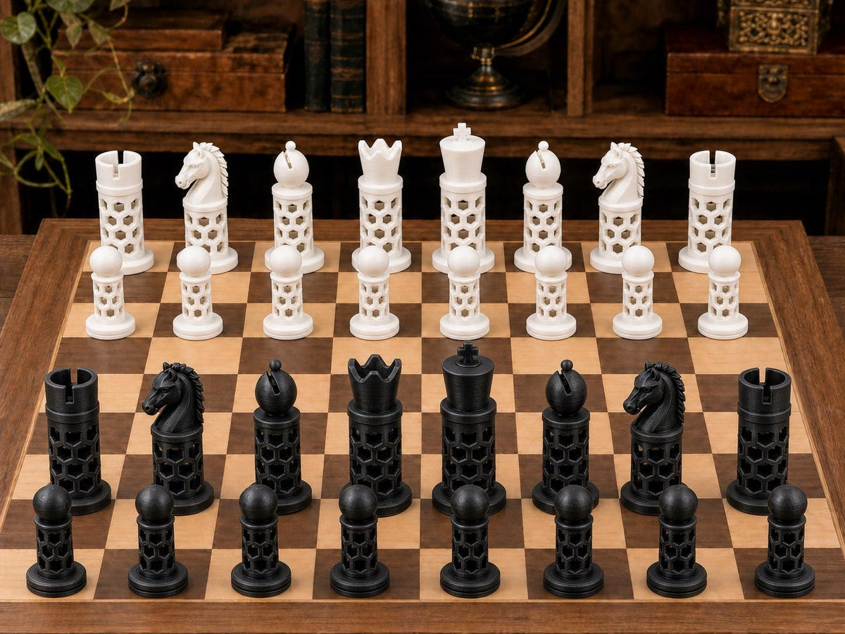 Moderne Sechseckformen – komplettes 32-teiliges Schachfigurenset – Ansicht 3