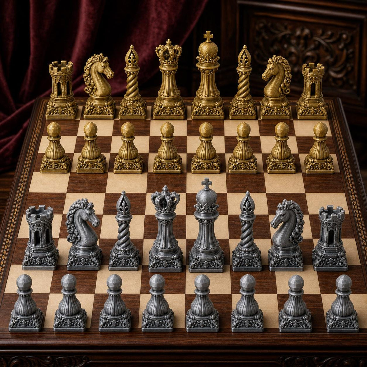 Barock-Schach – 32 handbemalte PLA-Figuren – Ansicht 1