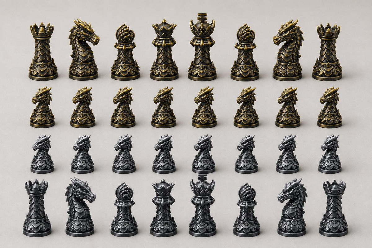 Drachen-Staunton-Schachfigurenset – komplettes 32-teiliges Schachset – Ansicht 2