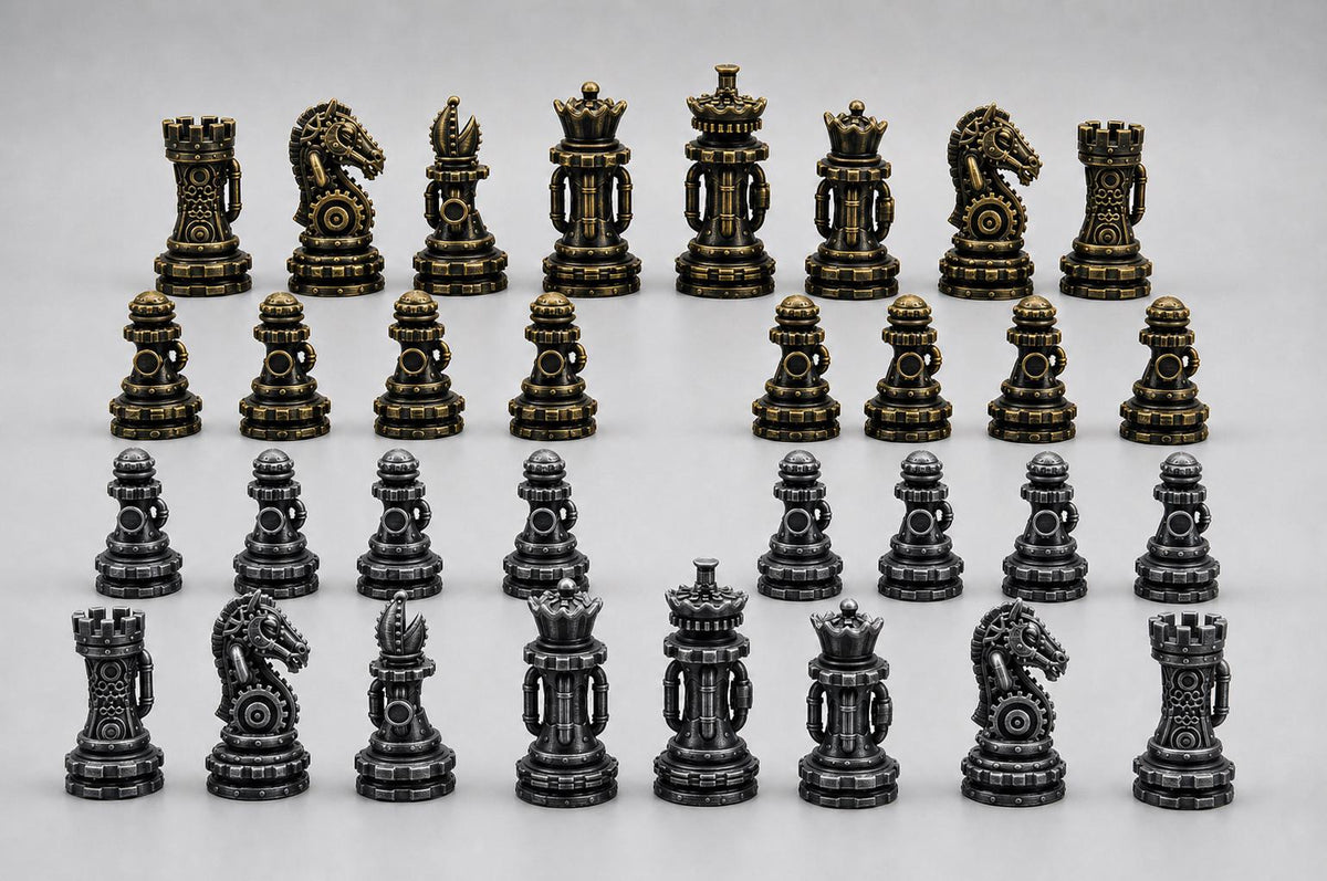 Steampunk-Staunton-Schachfigurenset – komplettes 32-teiliges Schachset – Ansicht 2