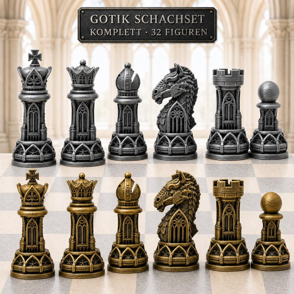 Gothic-Staunton-Schachfigurenset – komplettes 32-teiliges Schachset – Ansicht 1