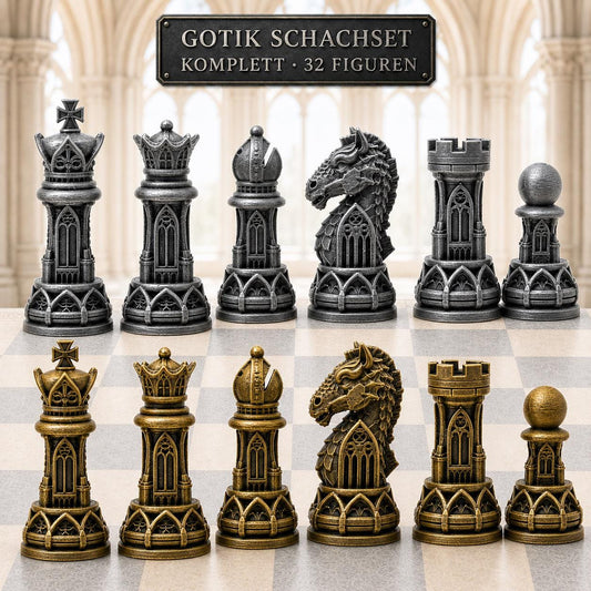 Gothic-Staunton-Schachfigurenset – komplettes 32-teiliges Schachset – Ansicht 1