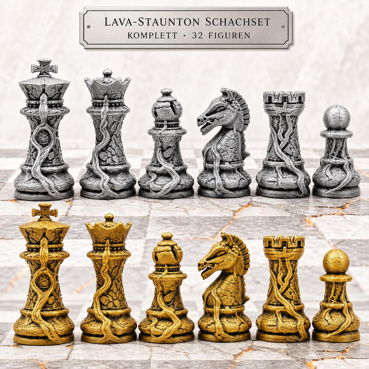 Lava-Staunton-Schachfigurenset – komplettes 32-teiliges Schachset – Ansicht 1