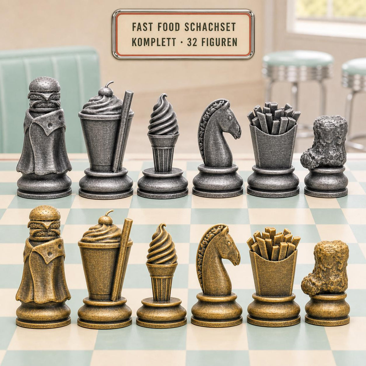Fast-Food-Motive-Schachfigurenset – komplettes 32-teiliges Schachset – Ansicht 1