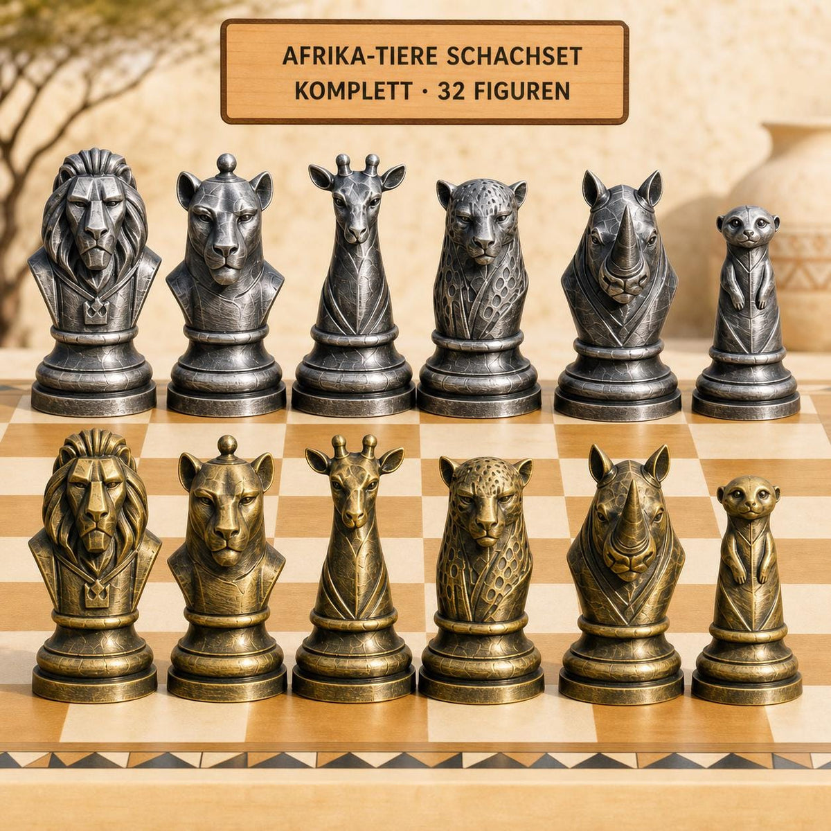 Afrikanische-Tierwelt-Schachfigurenset – komplettes 32-teiliges Schachset – Ansicht 1