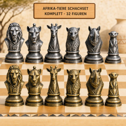 Afrikanische-Tierwelt-Schachfigurenset – komplettes 32-teiliges Schachset – Ansicht 1