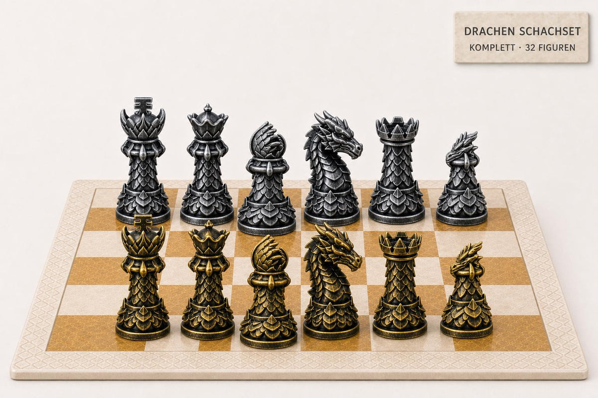 Drachen-Staunton-Schachfigurenset – komplettes 32-teiliges Schachset – Ansicht 1
