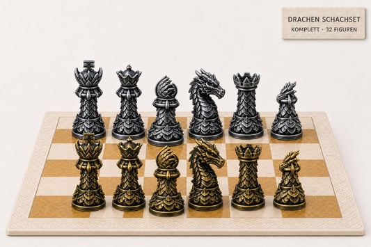 Drachen-Staunton-Schachfigurenset – komplettes 32-teiliges Schachset – Ansicht 1