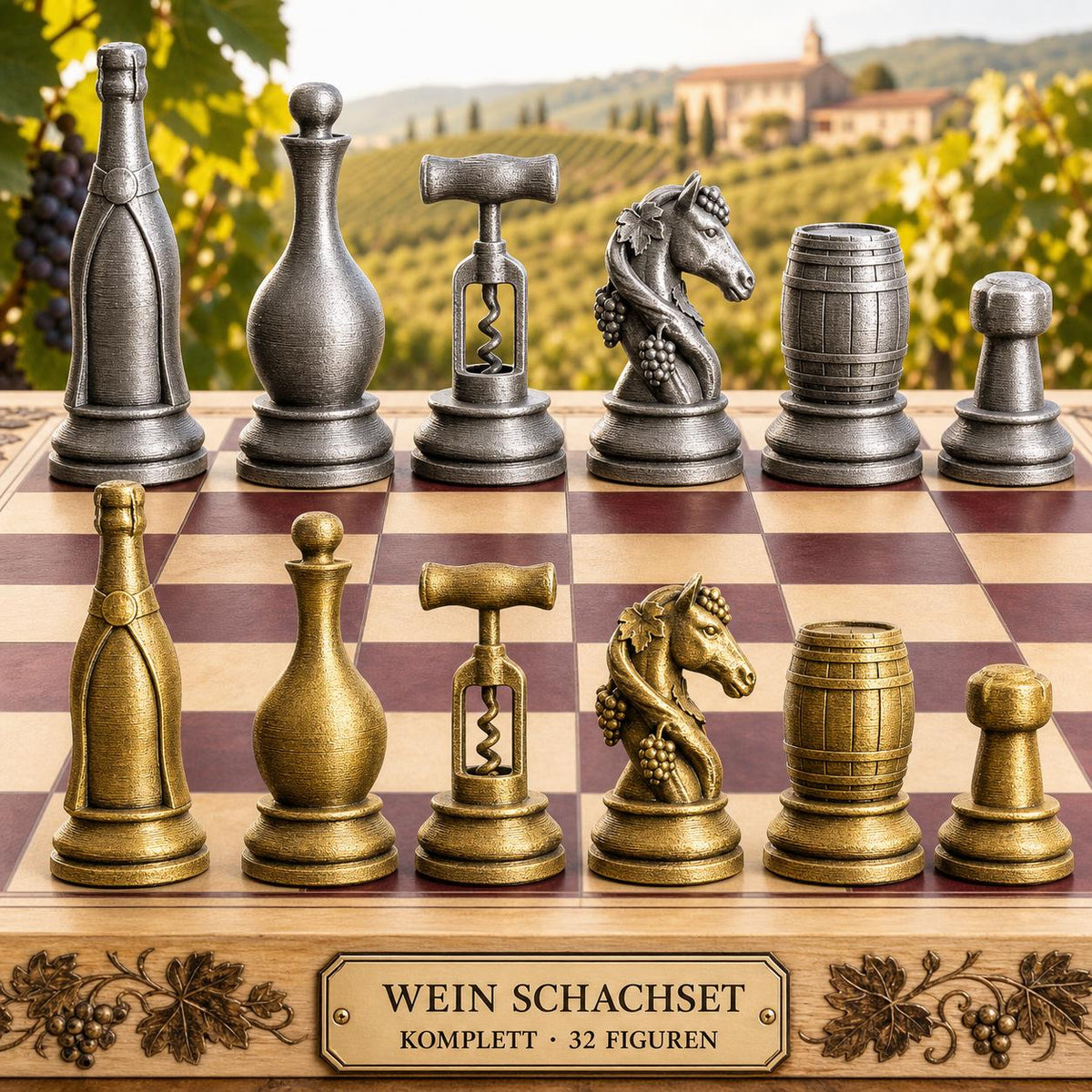 Wein-Motive-Schachfigurenset – komplettes 32-teiliges Schachset – Ansicht 1