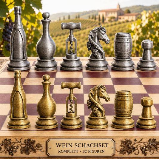 Wein-Motive-Schachfigurenset – komplettes 32-teiliges Schachset – Ansicht 1