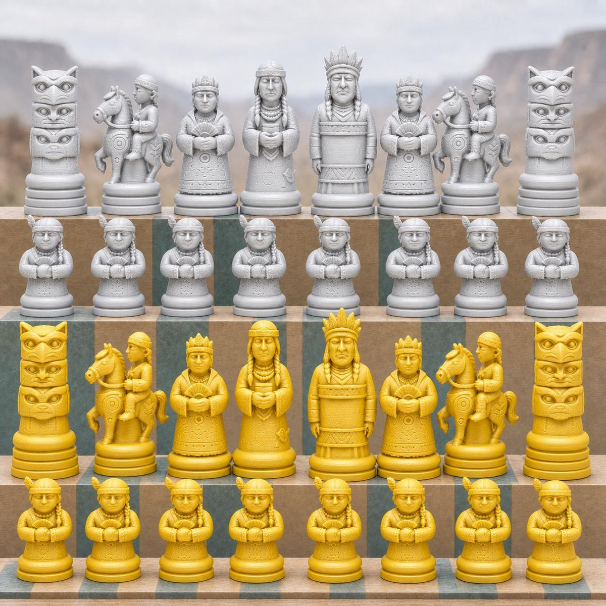 Indigene-Krieger-Schachfigurenset – komplettes 32-teiliges Schachset – Ansicht 3