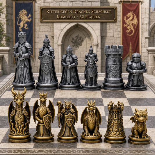 Ritter-gegen-Drachen-Schachfigurenset – komplettes 32-teiliges Schachset – Ansicht 1