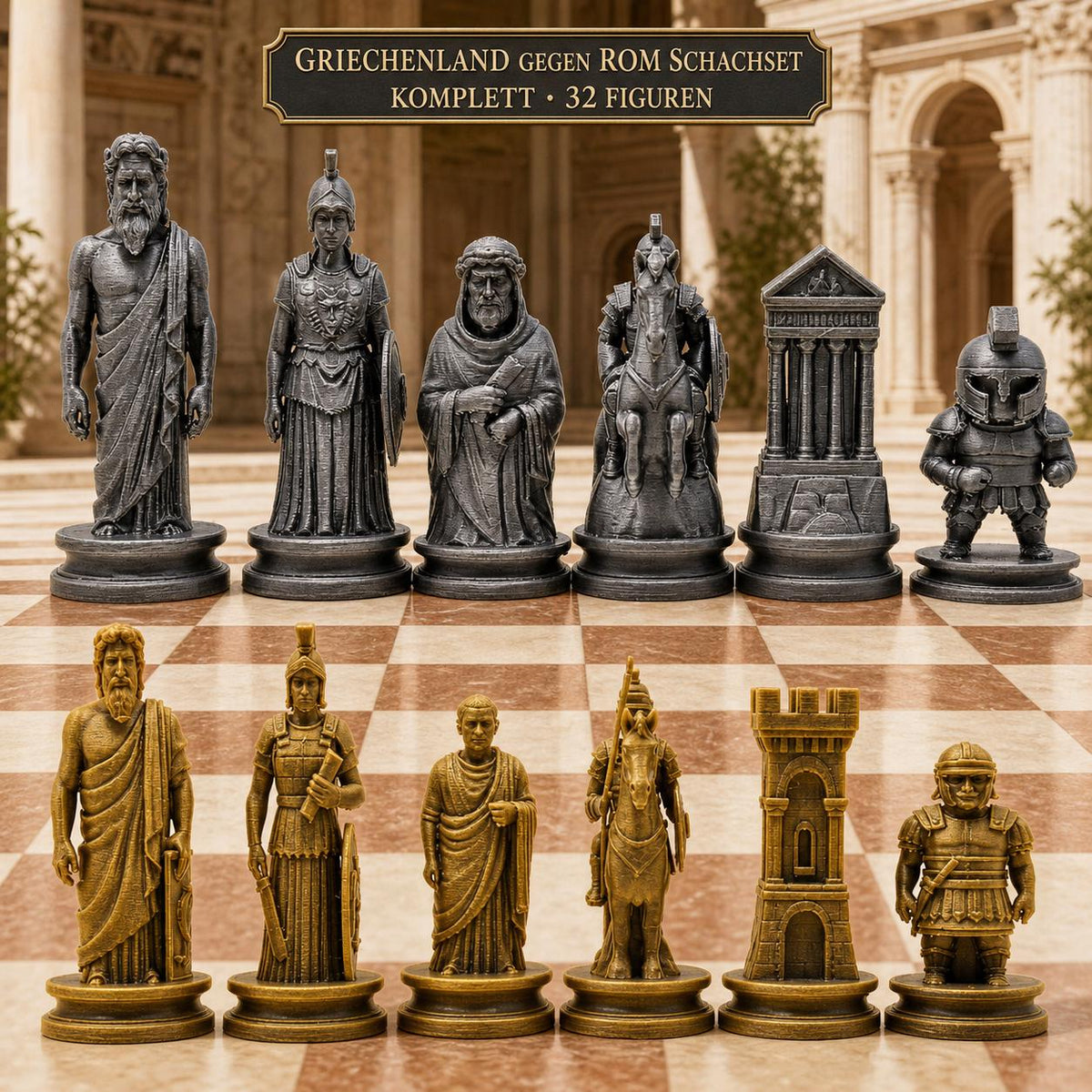 Antikes-Griechenland-gegen-antikes-Rom-Schachfigurenset – komplettes 32-teiliges Schachset – Ansicht 1