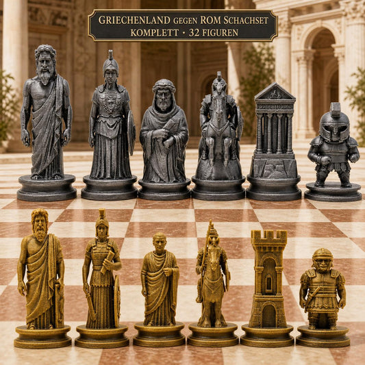 Antikes-Griechenland-gegen-antikes-Rom-Schachfigurenset – komplettes 32-teiliges Schachset – Ansicht 1