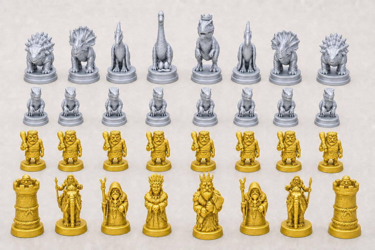 Dinosaurier-gegen-Steinzeitmenschen-Schachfigurenset – komplettes 32-teiliges Schachset – Ansicht 3