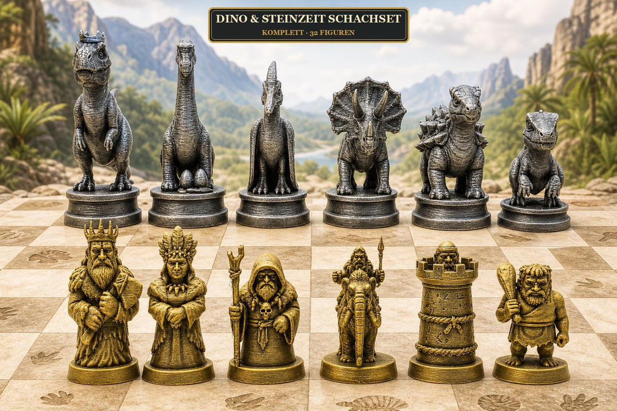 Dinosaurier-gegen-Steinzeitmenschen-Schachfigurenset – komplettes 32-teiliges Schachset – Ansicht 1