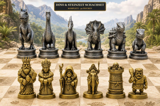 Dinosaurier-gegen-Steinzeitmenschen-Schachfigurenset – komplettes 32-teiliges Schachset – Ansicht 1