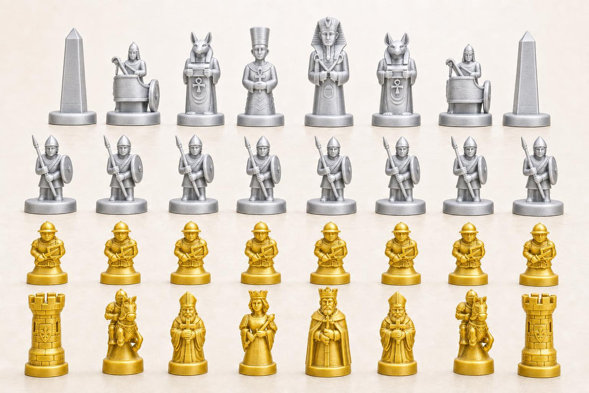 Altes-Ägypten-gegen-mittelalterliches-Europa-Schachfigurenset – komplettes 32-teiliges Schachset – Ansicht 3