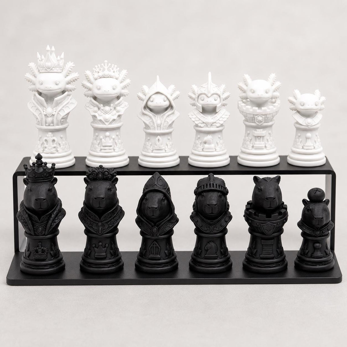 Capybara-gegen-Axolotl-Schachfigurenset – komplettes 32-teiliges Schachset – Ansicht 3